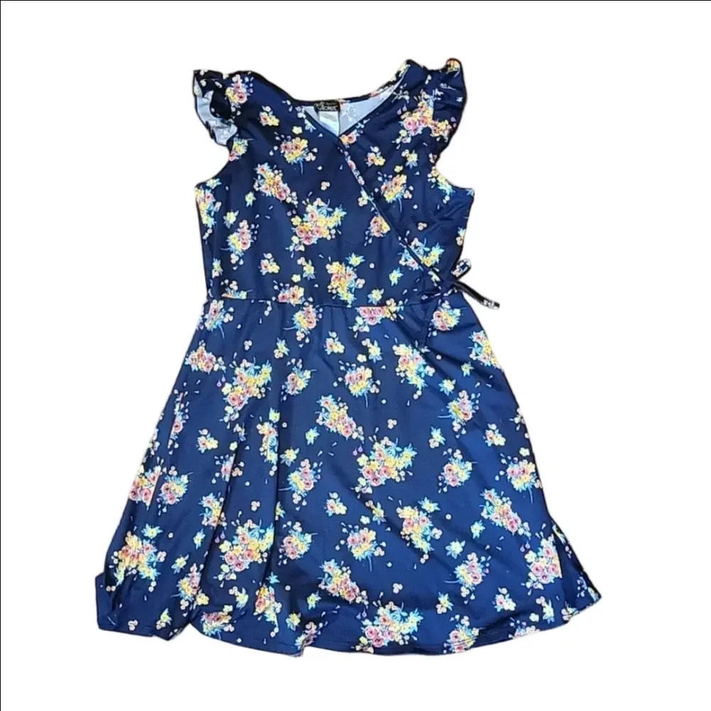 Pink & Violet Girl's Navy Floral Flutter Sleeve Dress - XL (14/16)